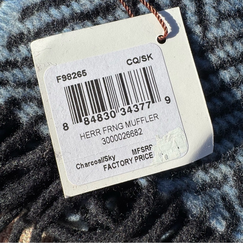 NWT COACH Unisex Scarf Wool Blue & Grat Herringbone Zig Zag Muffler Fringe NEW - Picture 4 of 5